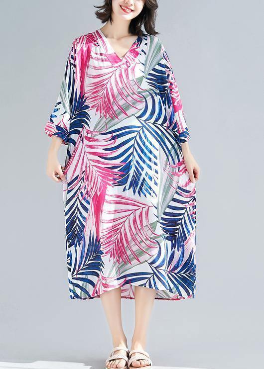 Handmade Rose Print Cotton V Neck Tie Waist a Line Summer Dresses