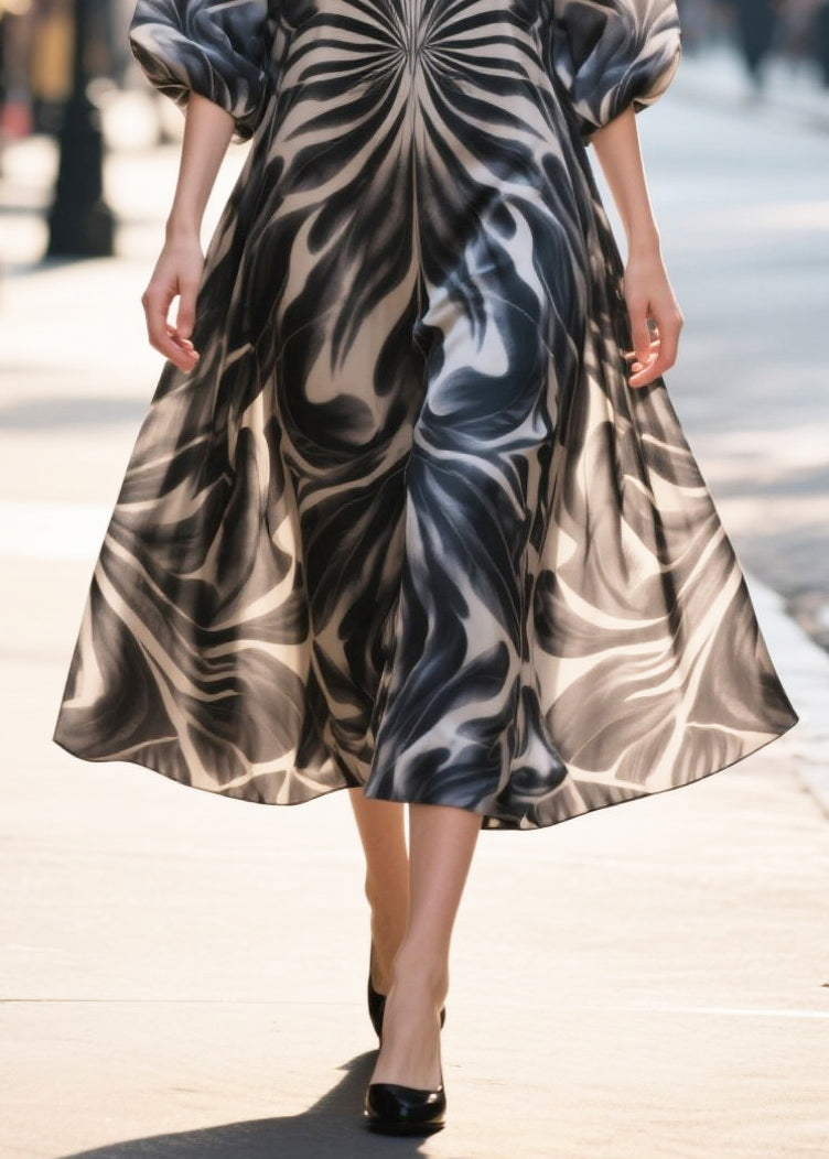 Classy Black Print Chiffon Long Dress Half Sleeve