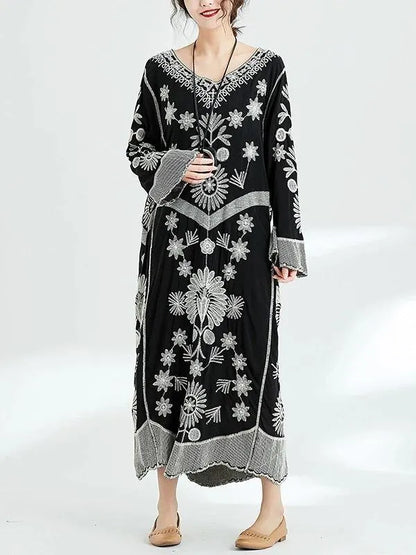 French Black Print V Neck Baggy Chiffon Robes Spring Dresses