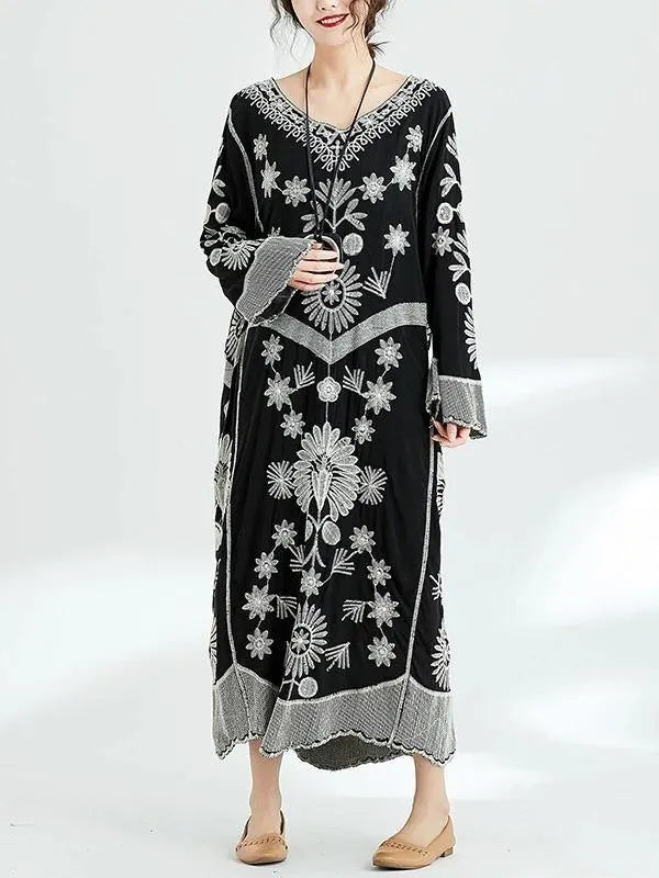 French Black Print V Neck Baggy Chiffon Robes Spring Dresses