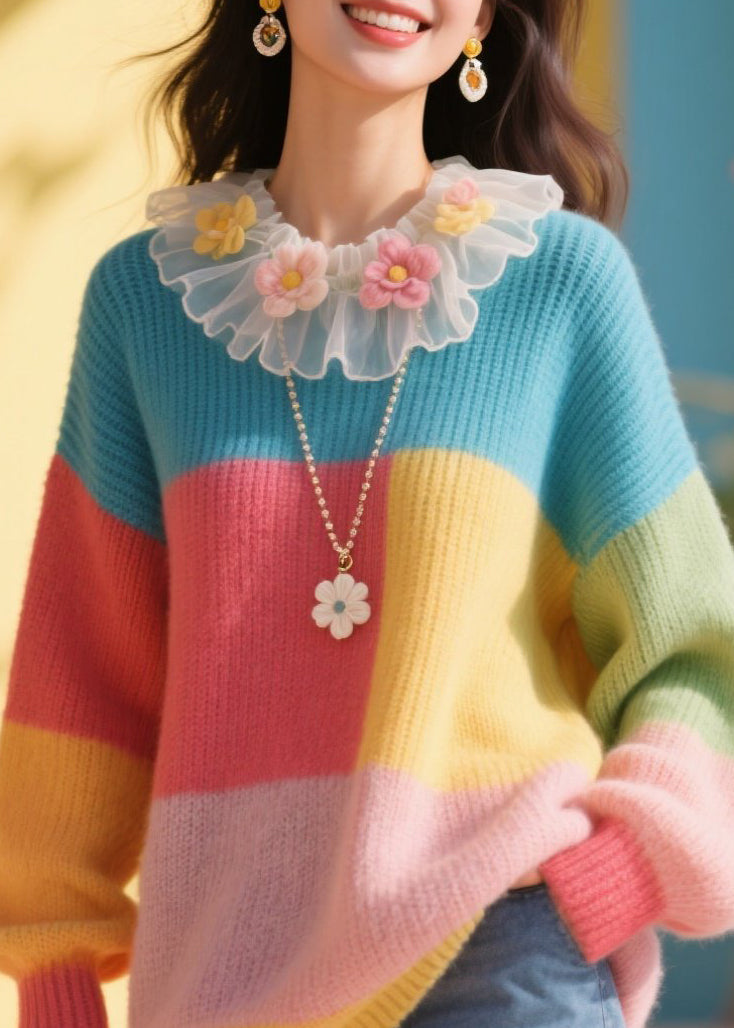 Stylish Colorblock Tulle Ruffled Knit Sweater Fall
