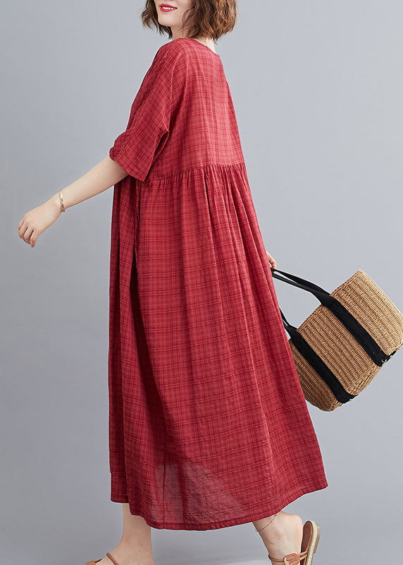 Mulberry O-neck Linen Long Dresses Short Sleeve
