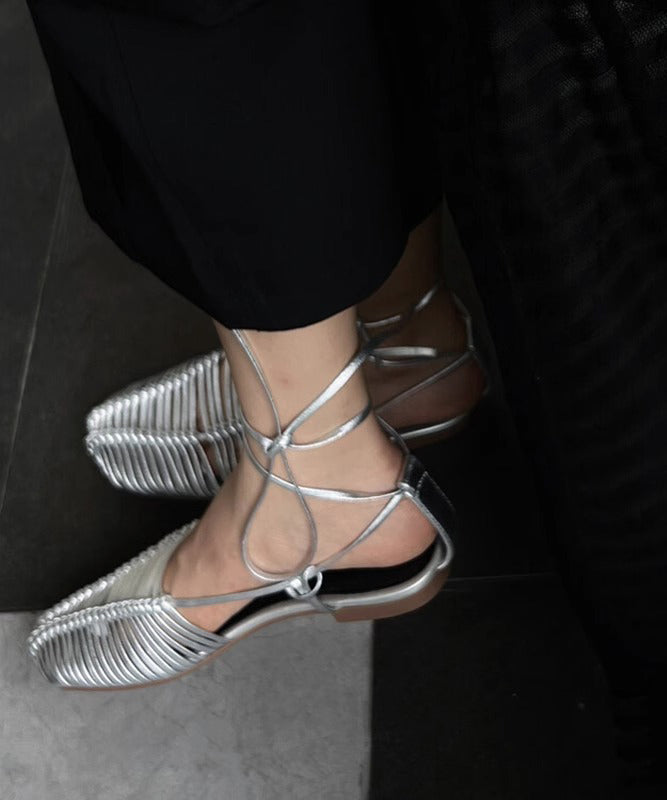 Lace Up Splicing Holiday Flat Sandals Silver Hollow Out