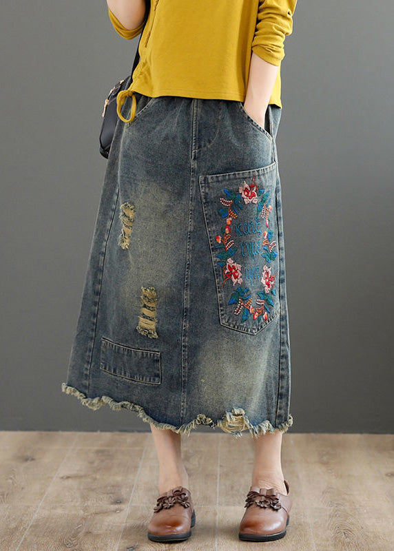 Grey Asymmetrical Embroideried Patchwork High Waist Denim Maxi Skirts Summer
