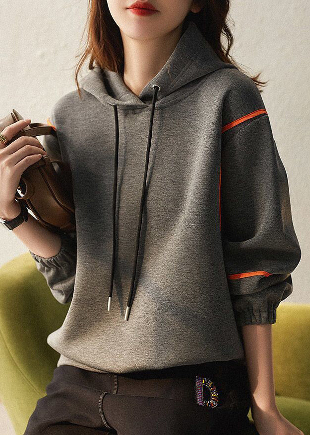 Grey Hooded Lace Up Patchwork Cotton Sweatshirts Long Sleeve
