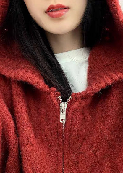 Organic Red Hooded Zippered Fall Knit Vest