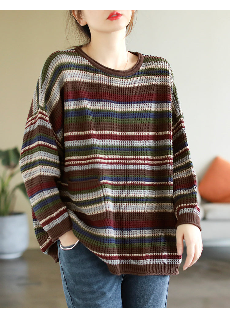 Colorful Red Striped Cotton Knitted Sweater