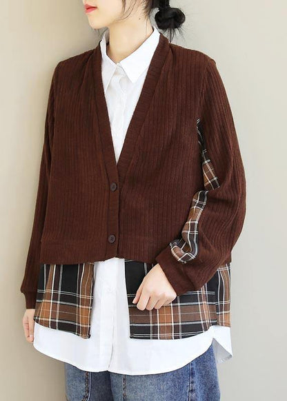 Chocolate Patchwork Top Lapel False Two Pieces Tunic Blouses