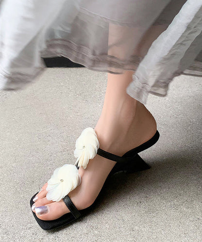 Black Cowhide Leather Splicing Wedge Heel Slide Sandals Peep Toe