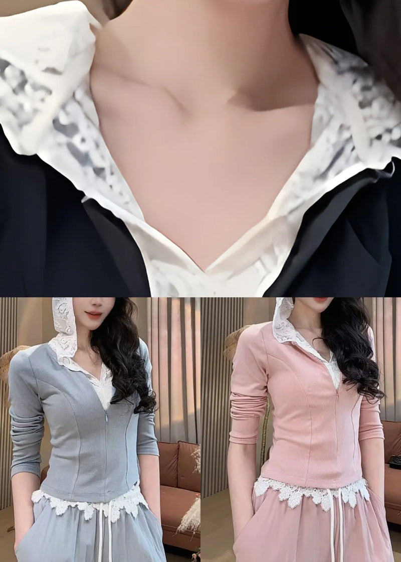 Black Lace Patchwork Hooded Sweatshirt and Straight Pants Two Pieces Set Long Sleeve