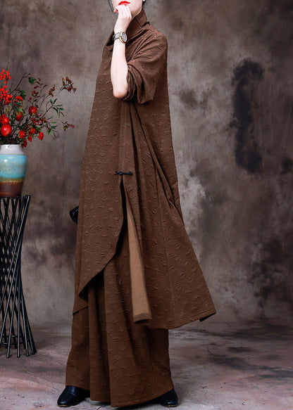 Coffee Turtleneck Low High Design Silk Top and Wide Leg Pants Two Piece Set Fall
