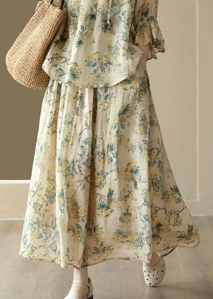 Yellow Wrinkled Pockets Print Patchwork Linen Skirt Summer