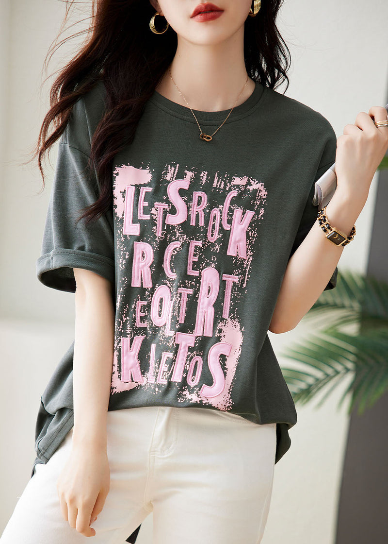 Loose Grey O-neck Print Top Short Sleeve