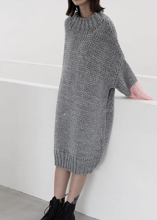Gray Sweater Knit Top Pattern Upcycle O Neck Batwing Sleeve Knit Dress
