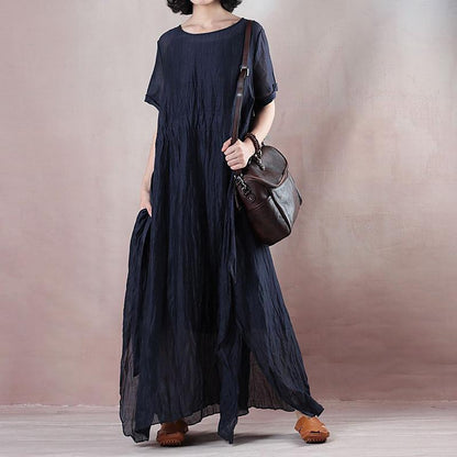 Boutique Blue Silk Linen Dresses O Neck Baggy Dresses Tie Waist Caftans Short Sleeve a Line Skirts