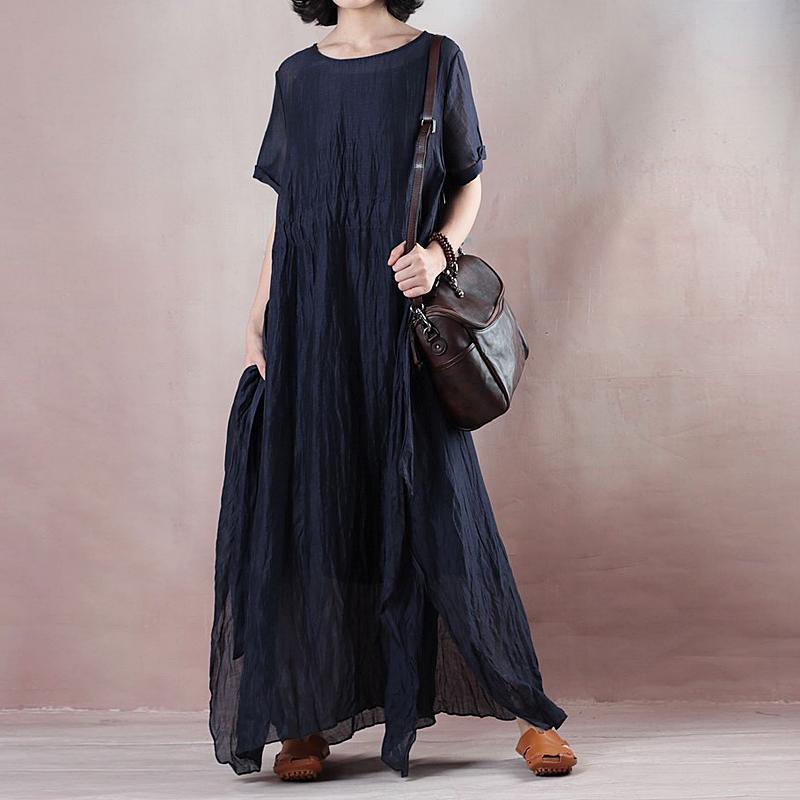 Boutique Blue Silk Linen Dresses O Neck Baggy Dresses Tie Waist Caftans Short Sleeve a Line Skirts
