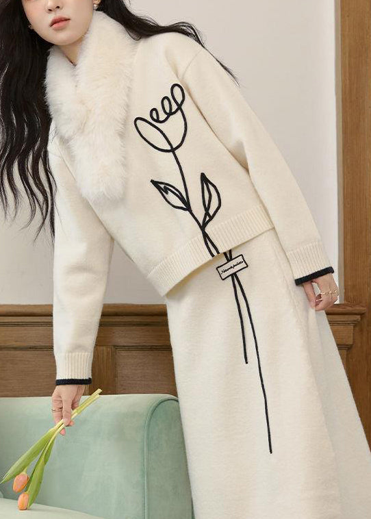 Stylish Beige O Neck Sweaters and Skirts Knit Two Pieces Set Spring