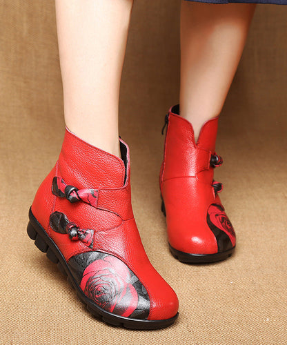 Splicing Ankle Boots Red Print Cowhide Leather