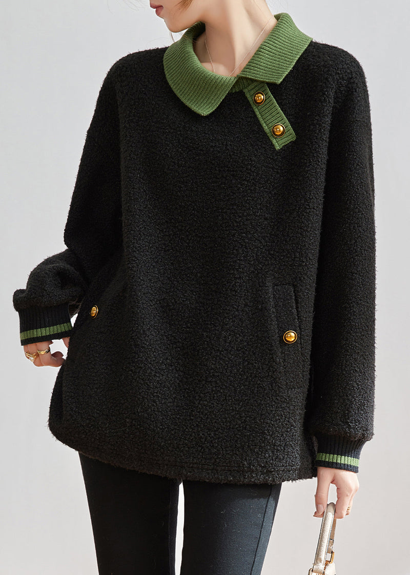 Black Peter Pan Collar Patchwork Teddy Faux Fur Sweatshirts Top Winter