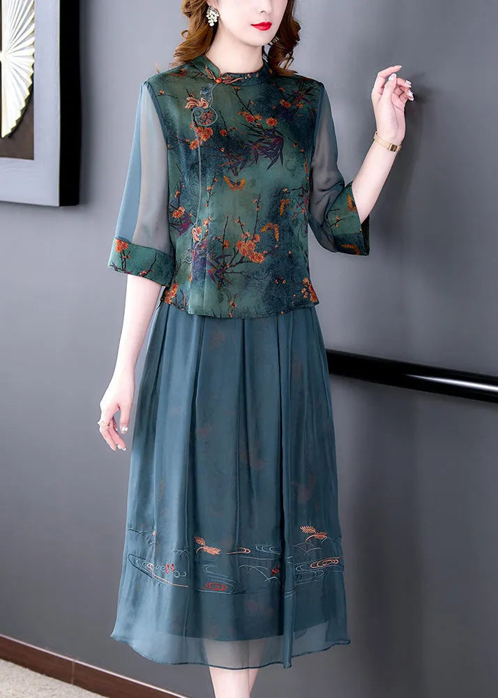 Green Embroideried Button Silk Shirts and Maxi Skirts Two Pieces Set Half Sleeve