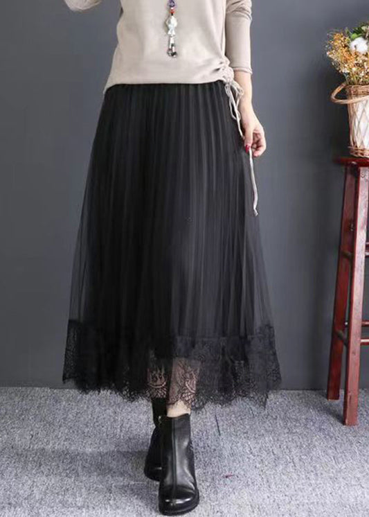 Black Elastic Waist Lace Patchwork Tulle Skirts Fall