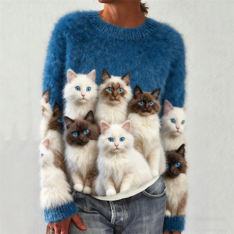 Comstylish Classy Fuzzy Blue Eyed Cats Art Cozy Knit Sweater