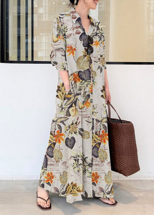 Beige Oversized Print Cotton Shirt Ankle Dress Spring