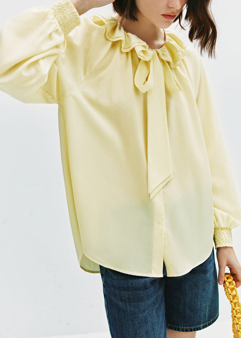 Yellow Ruffled Lace Up Cotton Blouse Tops Fall