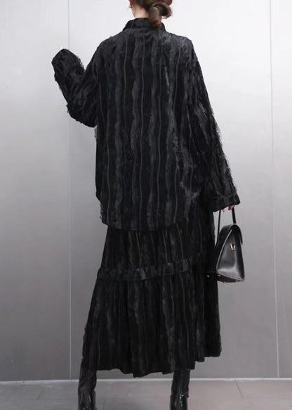 Fine Black Ruffled Wrinkled Shirt and Maxi Skirts Two Pieces Set Spring