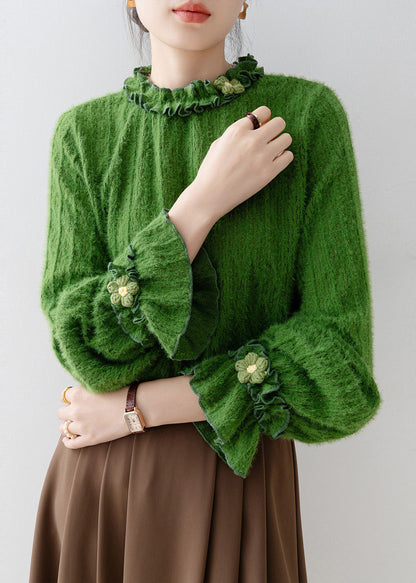 Unique Tea Green Ruffled Knit Top Flare Sleeve