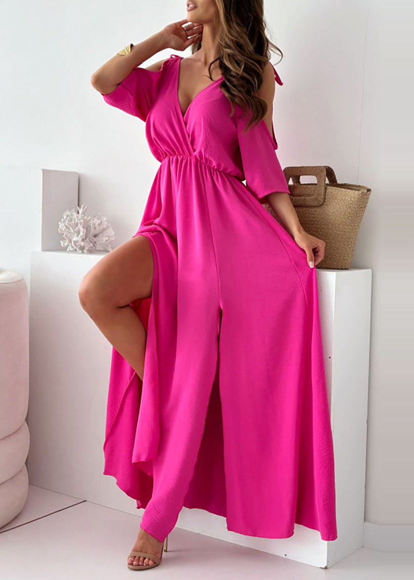 Khaki Cold Shoulder Side Open Chiffon Holiday Dress Summer