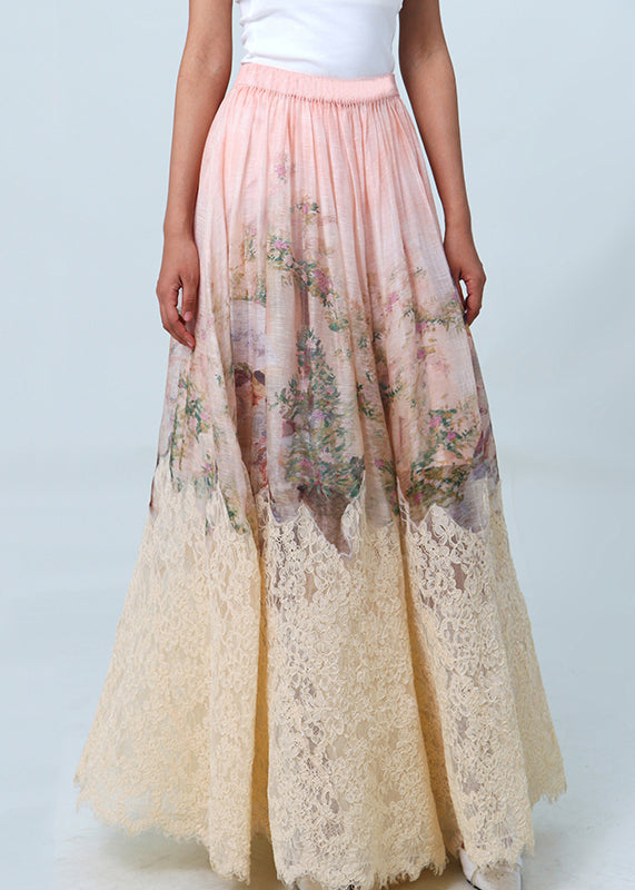 Pink Print Wrinkled Patchwork Lace Skirts Spring