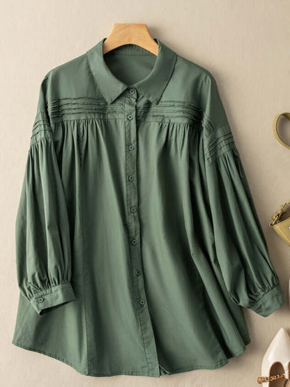 100% Natural Fabric Pleated Long-sleeved Loose Shirt
