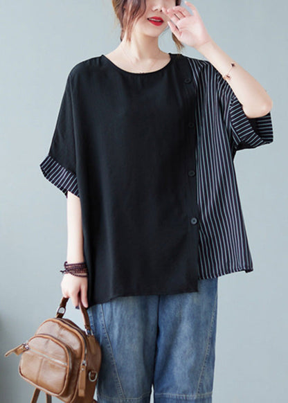 Novelty Black O-neck Striped Patchwork Button Cotton T Shirts Half Sleeve
