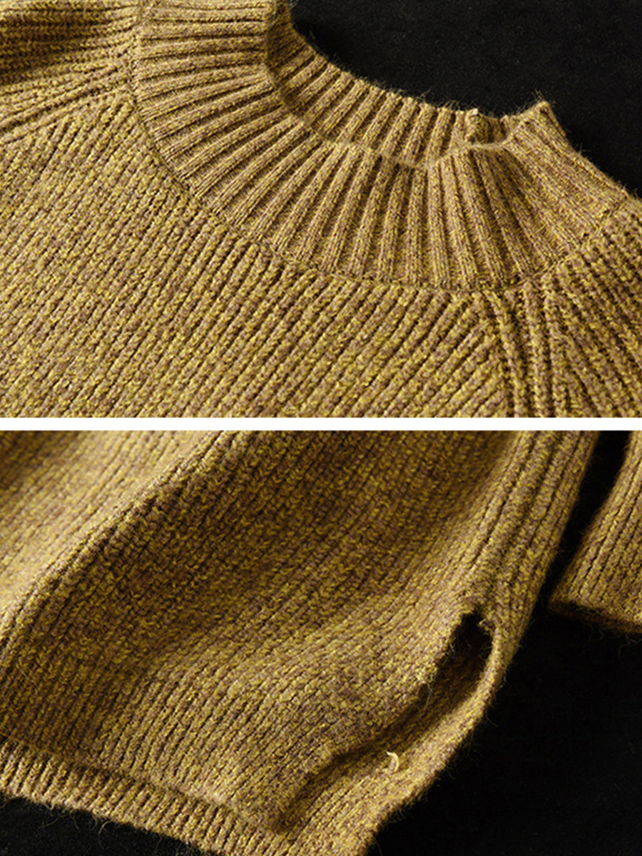 - Turtleneck Knitted Split Hem Long Sleeve Sweater