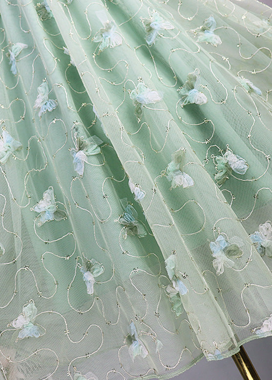 Light Green Butterfly Embroideried High Waist Tulle Maxi Skirts Spring