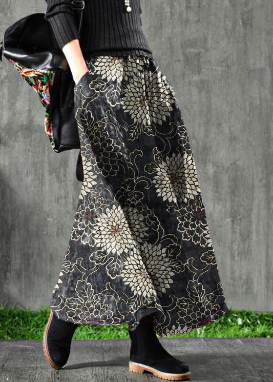 Velour Black Flower Skirt Maxi Length