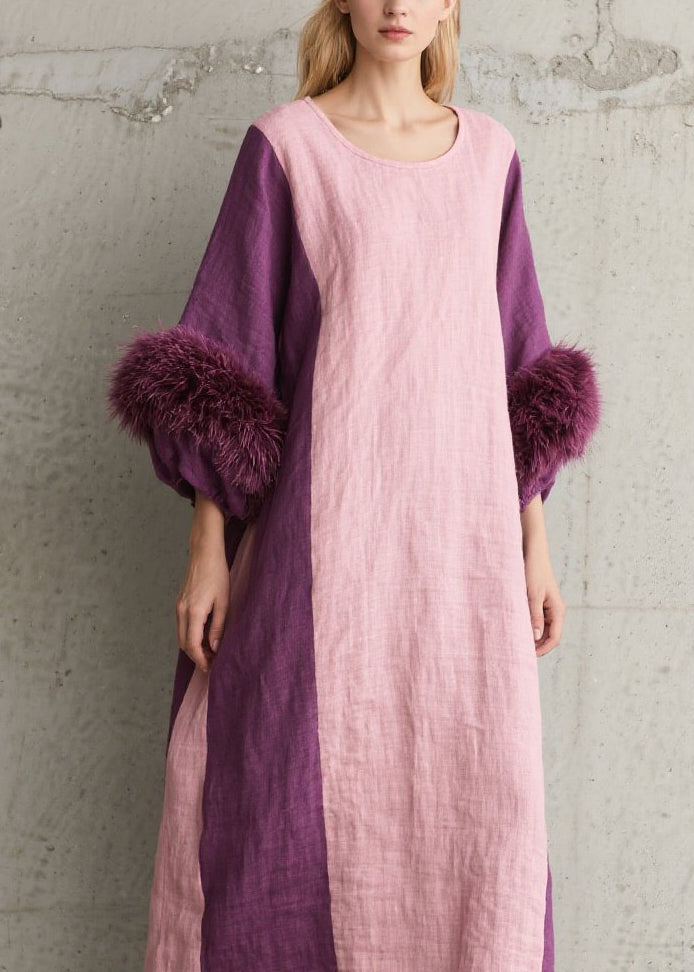 Colorblock Fuzzy Fur Patchwork Cotton Dresses Fall