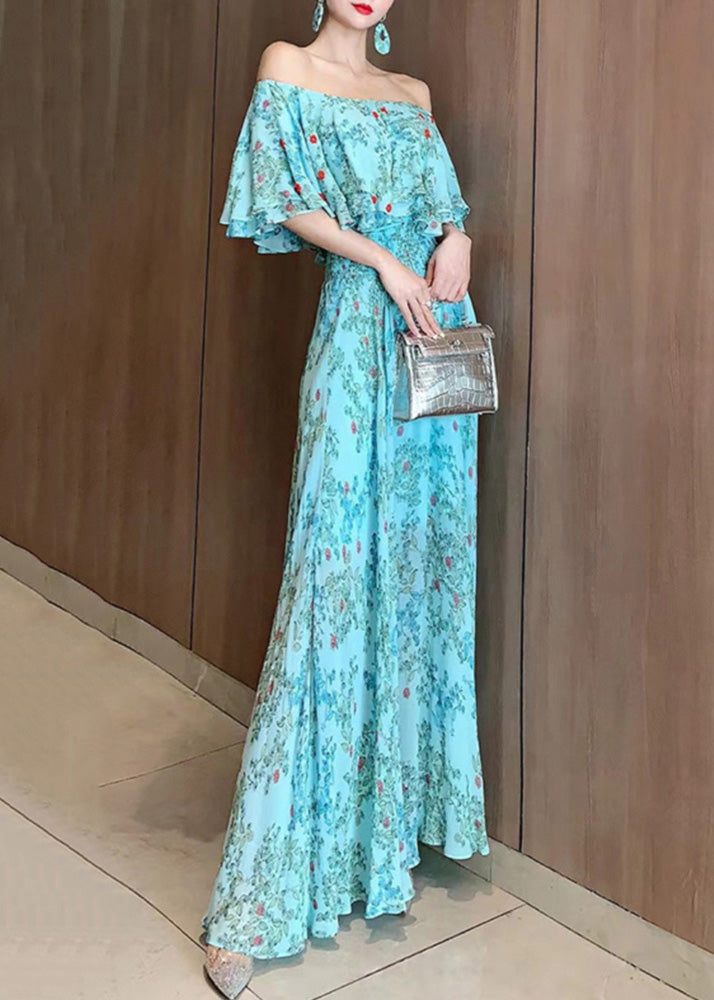 Vogue Blue Slash Neck Chiffon Vacation Dresses Summer