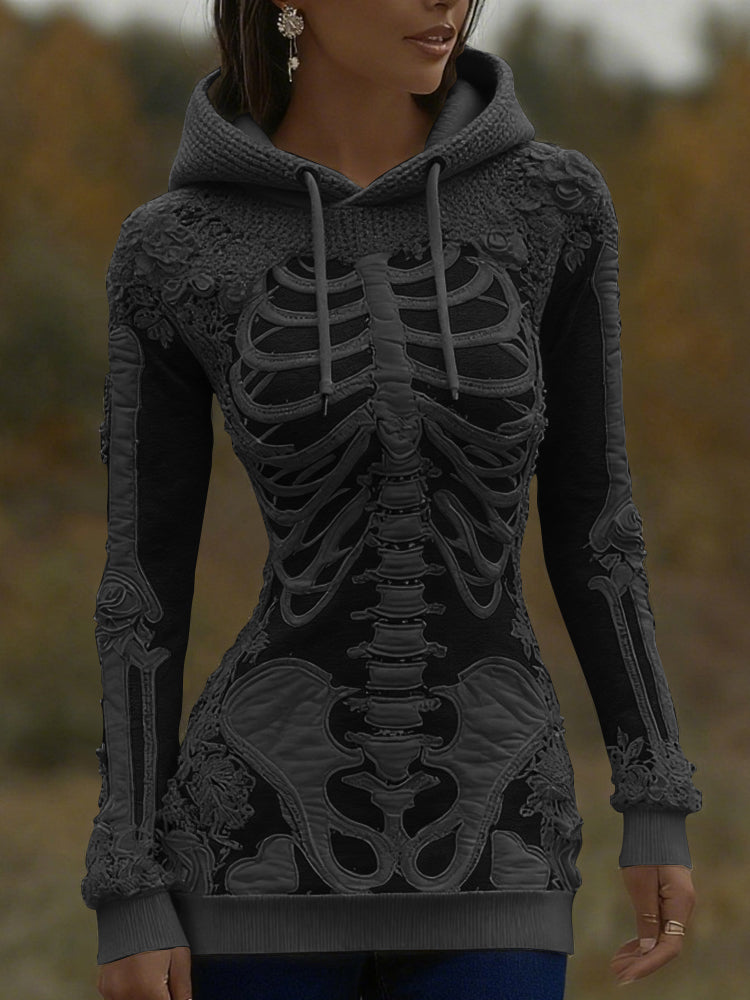 Women's Halloween Skeleton Bones With Roses Art Knitted Warm Hooded Sweater artswardrobe