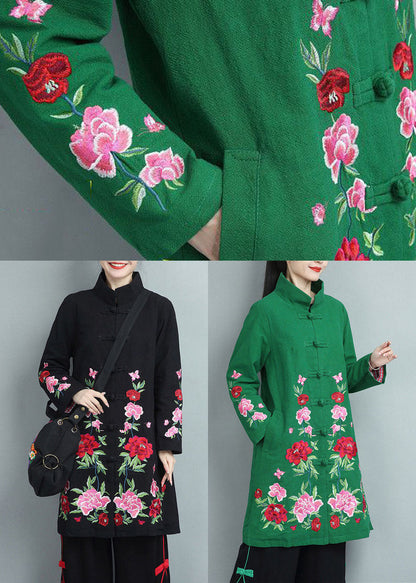 Green Stand Collar Embroideried Cotton Coats Fall
