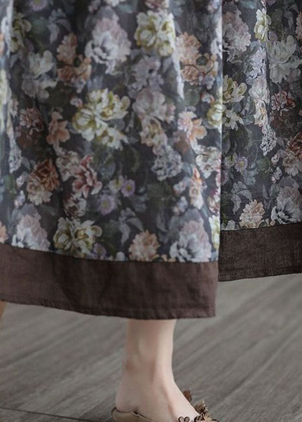 Coffee Wrinkled Pockets Print Patchwork Linen Skirt Summer