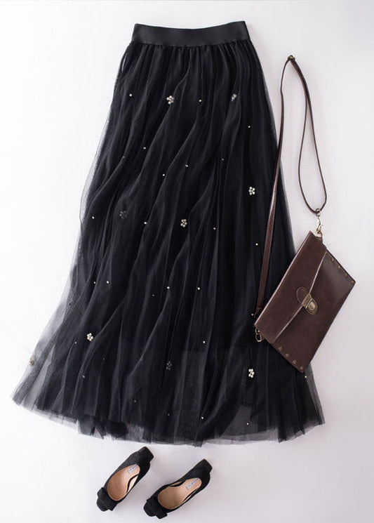 French Black Wrinkled Patchwork Nail Bead Tulle Skirt Spring