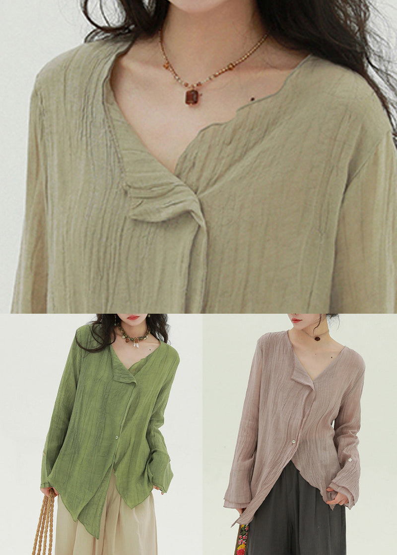 Khaki Button Linen Fall Blouse Asymmetrical