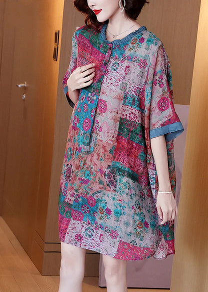 Red O-neck Print Button Side Open Linen Dress Half Sleeve