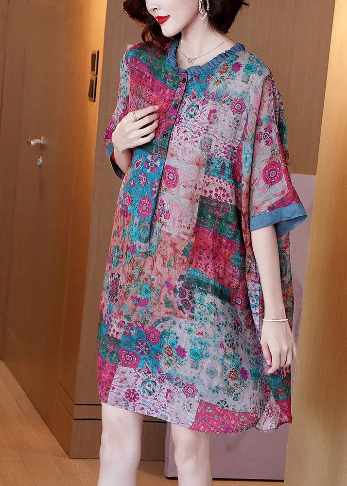 Red O-neck Print Button Side Open Linen Dress Half Sleeve
