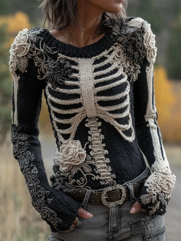 Comstylish Classy Skeleton Roses Crochet Art Cozy Knit Sweater