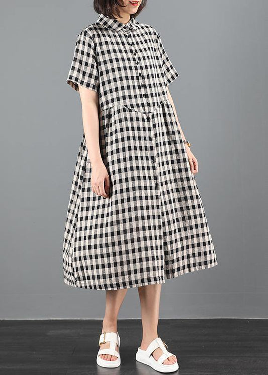 Lapel Cinched Summer Dress Work Black Plaid Maxi Dresses