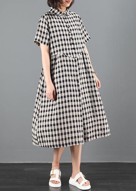Lapel Cinched Summer Dress Work Black Plaid Maxi Dresses