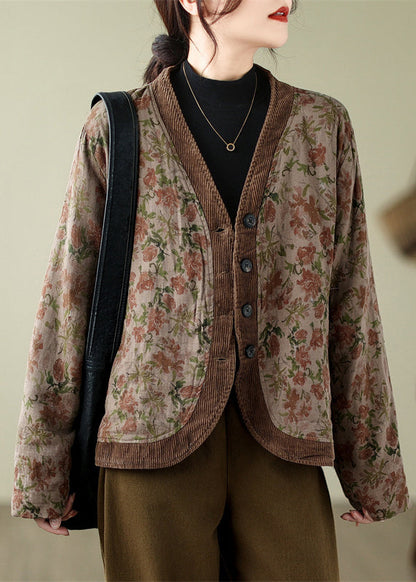 Khaki V Neck Print Fine Cotton Filled Coats Winter